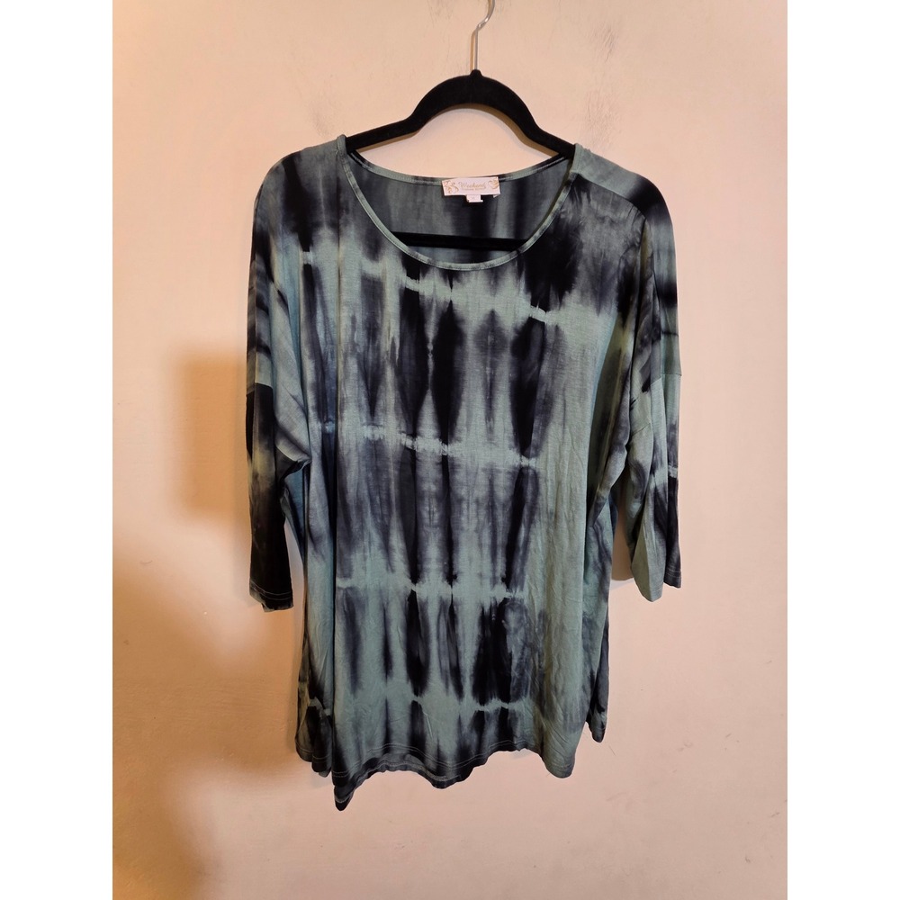 Weekend Suzanne Betro Blue Black‎ Tie Dye Tunic Top XL 3/4 Sleeve U8602335